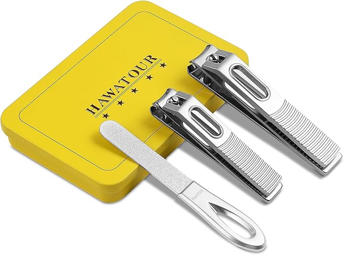 HAWATOUR Nail Clippers Set, Zinc Alloy 420J2 Stainless Steel Ultra Sharp Curved Blade Fingernail and Toenail Clipper with Visibly Tin Case, Cut-Out Design, Silver