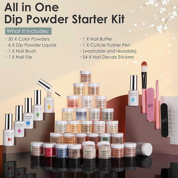 Lavender Violets 94 PCS Dip Powder Nail Kit Starter, 30 Colors Nude Brown Green Blue All Season with Dip Powder Liquid Set and Nail Art Tool B704