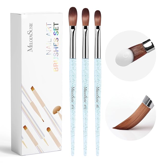 MelodySusie 3-Piece Acrylic Nail Brush Set - Sizes 8/10/14, Professional Brushes for Acrylic Application, Powder Nail Art, Extension & 3D Carving - DIY Home Salon Tool (Blue)