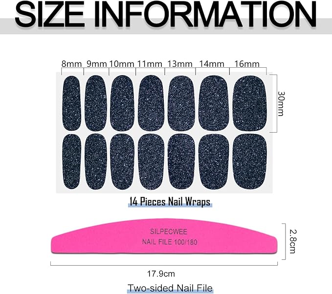 SILPECWEE 16 Sheets Blue Nail Wraps for Women Glitter Solid Color Nail Polish Stickers Stick on Nail Polish Strips Gel Nail Strips Self Adhesive Fingernail Manicure Design with Nail File