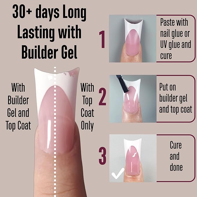 White French Tip Duck Feet Nail Tips Full Cover for Press on Acrylic with Moon Curve, BERRY PINK Extra Thick Medim Long, Flare Wide Soft Gel Fake False Nail Extension x 15 Sizes 150 pcs