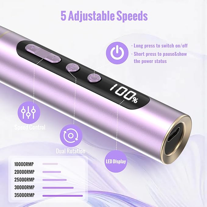 Cordless Electric Nail Drill Machine, 13 in 1 Nail File Kit 35000RPM Professional Portable Rechargeable E File for Acrylic Polish Gel Removal Manicure Pedicure Set with 5 Speeds Violet