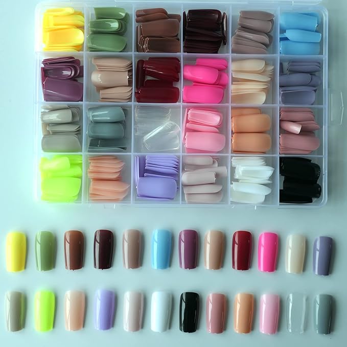 LoveOurHome 576pc Square Press on Nails Long Fake Nails Medium Square False Nail Full Cover Artificial Fingernails Acrylic Presson Nail Tips 24 Colors 10 Size for Women Teens Kids