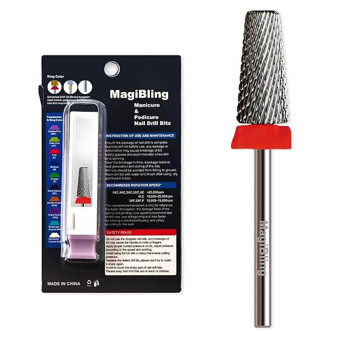 6.6mm Large Tapered Barrel 5-in-1 Nail Drill Bit, 3/32" Safety Cross-Cut Tungsten Carbide Efile Bit for Fast Gel & Acrylic Removal, Two-Way Rotation, Professional Nail Tech & Beginner Bit, Fine.