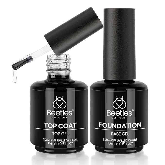 Beetles Gel Top Coat and Base Coat Set - 2 Pcs 15ml No Wipe Top Coat Gel Nail Polish Shine Finish and Long Lasting, Soak Off LED Nail Lamp Finish Nail Art Design Manicure Diy at Home