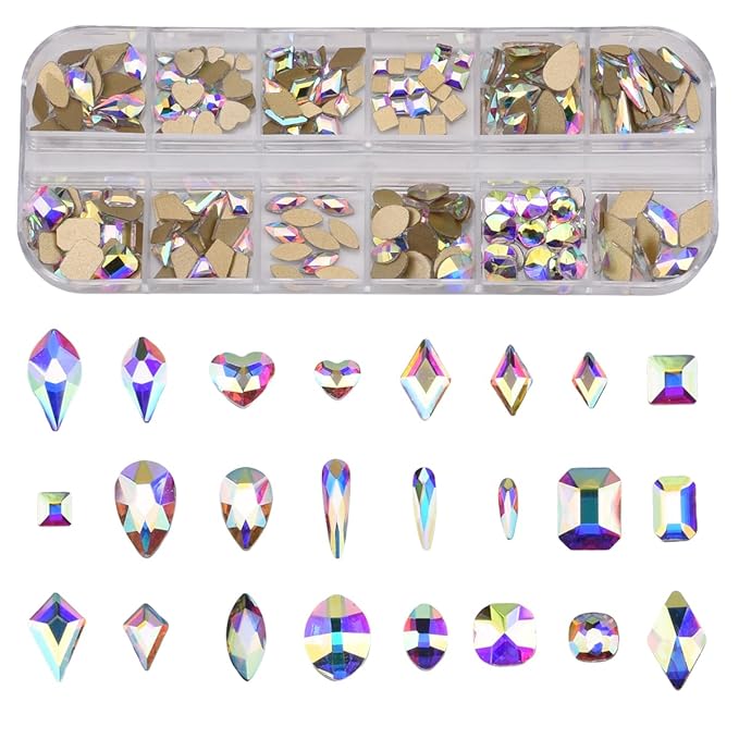 240pcs Popular 12 Styles Flatback Crystals Mix Sizes Multi Shapes Glass Crystal AB Rhinestones for Nail Art Craft 3D Decorations Flat Back Stones Gems Set Box