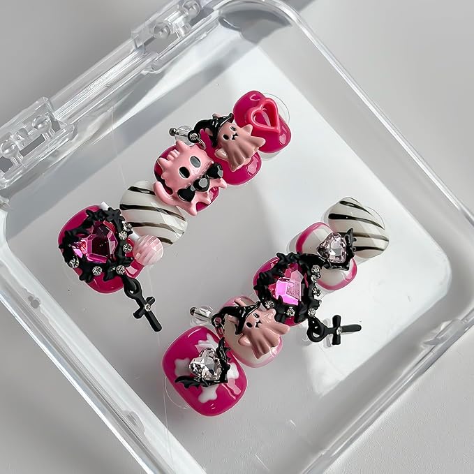 Halloween Press on Nails Short Square Cute Handmade Nails 3D Unique Reusable ABS Material Fake Nails Pink False Nails with Designs Cute Ghost Heart Charms Glossy Glue on Nail Thick Acrylic Nail(S)
