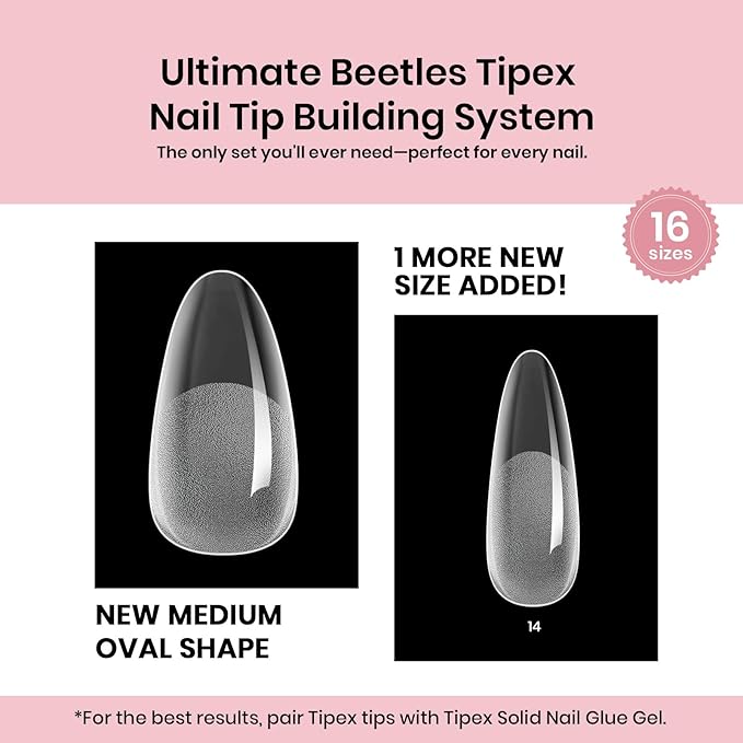 Beetles Tipex Instant Apex Nail Tips, Medium Oval Almond Acrylic Nails 192 Pcs Pre-Building Pre-Etched Thicker Gel Nail Tips - 16 Sizes Strong Full Cover False Nail