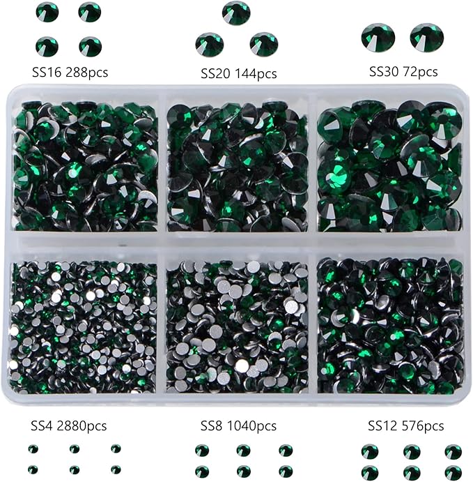 Bymitel 5000 Pieces 6 Mixed Sizes Glue Fix on Glass Rhinestones Round Crystal Gems Flatback for DIY Jewelry Making with one Picking Pen(6-Sizes 5000PCS, Emerald)
