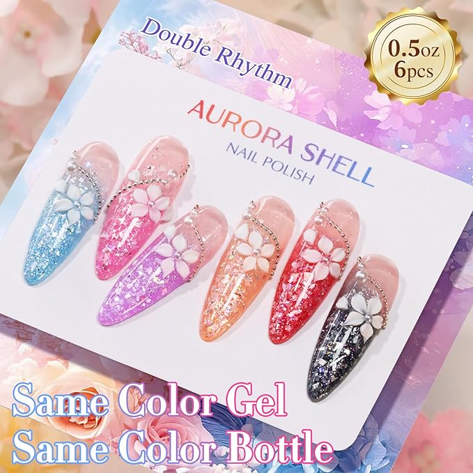 Double Rhythm 0.5 Oz Glitter Gel Polish Set of 6 Color with Display Borad 15 ml Full Size Kit Shimmer Reflective Sparkle Soak Off Manicure Salon DIY at Home (Black Red Pink Blue Orange Purple-T6-55)
