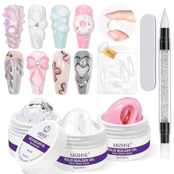 MIZHSE Solid Builder Gel for Nails, Non-Sticky Clear White Pink 3D Nail Art, Sculpting Building Hard Gel with Dual Form Silicone Pen for Carving Patterns Decoration Nail Art Manicure Home DIY
