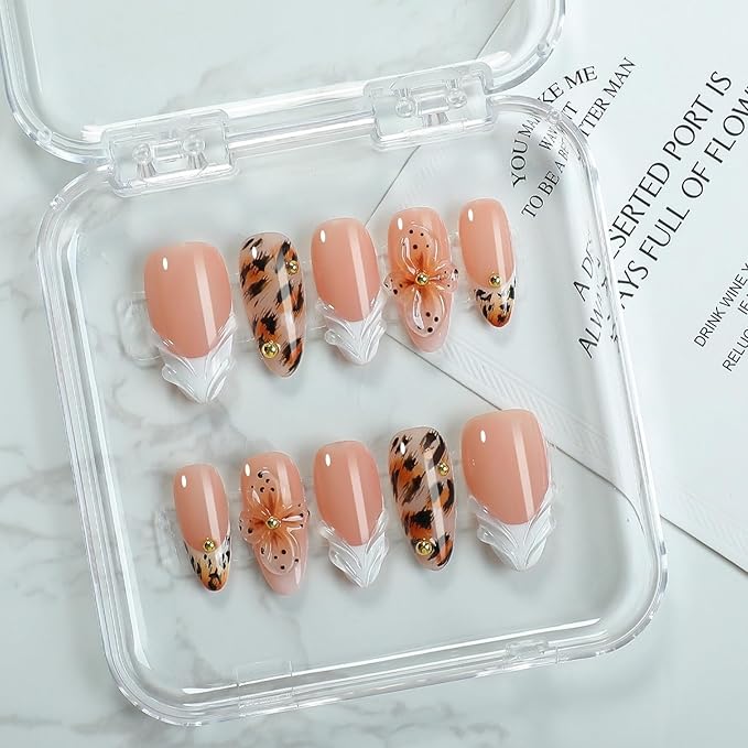 Handmade Press on Nails Medium Almond Fake Nails Leopard Print Gradient Design French False Nails Flower Handmade Reusable Nails for Women Decorations (Size M)