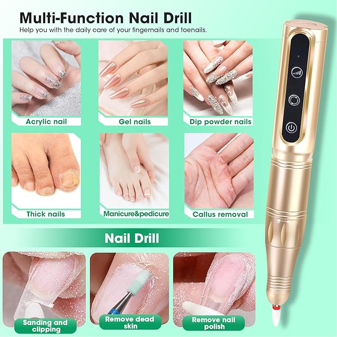 Nail Drill Cordless Professional E Filer for Nails 32000RPM Electric Nails Drill Kit Nail Drill Professional Wireless Nail File Drill Rechargeable Electric Nail File for Acrylic Gel Nails