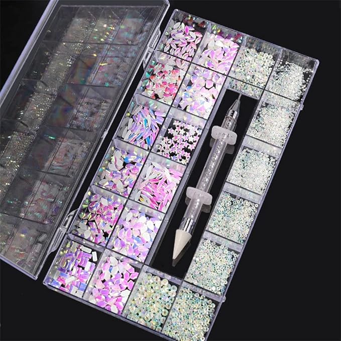 1 Box 21 Grid Mocha Opal Rhinestones for Nails 600 Pcs Multi Shapes Nail Rhinestone Gems Nail Jewels with 2500 Pcs Crystal Rhinestones Diamonds Nail Dotting Pen Kits for Nail Art Craft Acrylic Nails