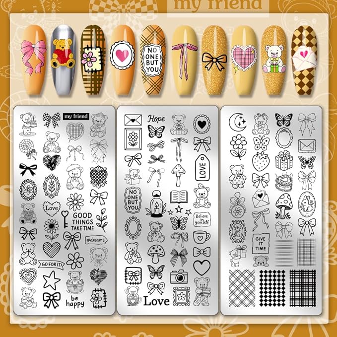 PH PandaHall 3pcs Cute Bear Nail Stamping Plates Bows Heart Nails Art Stencils Butterfly Fruit Mushroom Manicure Art Templates Lovely Sweet Style Nails Image Plates for Women Manicures Salon Design