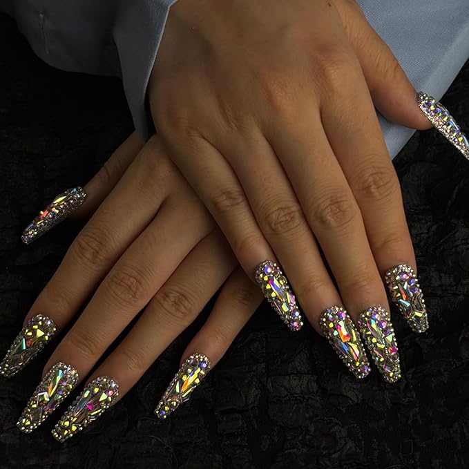 Trendy Handmade Press On Nails Long Square Shape,10Pcs Crystal AB Diamonds Acrylic Fake Nails with 3D Rhine Stone Luxury Design Stick On Nail for Woman Gift