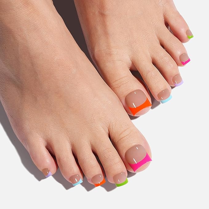 AILLSA Toe Nail Press Ons, French Tips Toe Press On Nails, 5 Mixed Summer Colors 15 Sizes Short Square Full Cover Fake Toenails 150PCS, Brown Pink Acrylic Wearable DIY Nail Art for Women