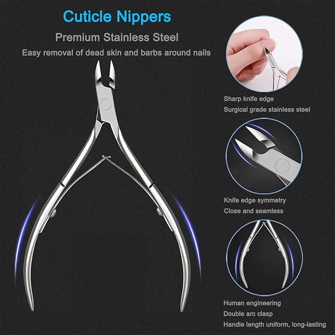 9-Piece Cuticle Tool Set, Professional Manicure & Pedicure Kit with Stainless Steel Cuticle Nippers, Trimmer, Pusher, Nail File and Buffer for Toenail & Fingernail Care at Home Salon