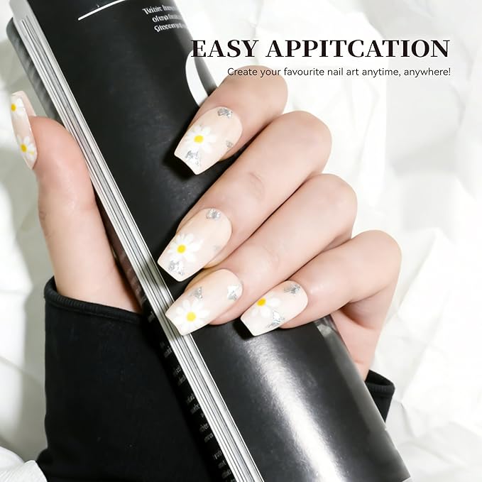 Semi Cured Gel Nail Strips White Flower Gel Nail Stickers with UV/LED Required Long Lasting Gel Nail Stickers for Spring Includes 22 Strips 2 Prep Pads, Nail File & Wooden Stick