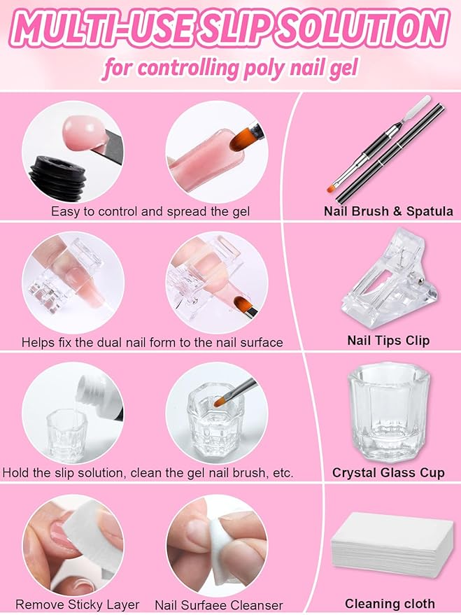 EBANKU Poly Gel Slip Solution for Nails - Anti-Stick Slip Solution for Builder Gel Nails, Brush Clean Liquid with Dual-Ended Nail Brush, 3PCS Nail Clips for Beginners & Home Salon, 2.5oz