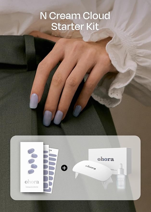 ohora Semi-Cured Gel Nail Strips Value Set (N Cream Cloud Starter Kit) Includes Full Size Lamp and Mini Remover, Salon-Quality, Long Lasting, Easy to Apply & Remove