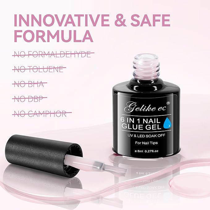 Gelike EC Gel Nail Glue UV Light: Pink 6 in 1 Adhesive Gel Nail Polish, Strong Nail Glue for Press On Nails Nails Acrylic Tips, Long Last - Nail Art Gift for Home Salon Beginner DIY