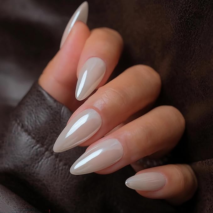 Chrome Press On Nails Almond, Glazed Opal White Mirrored Glue on Nails Medium Press Ons, Acrylic Natural Fit Stick on Nails in 12 Sizes - 24Pcs Fake Nail Kit for Women