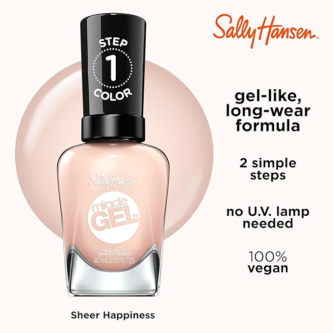 Sally Hansen Miracle Gel Salon Quality Nail Polish | Gel-Like Formula, Two-Step System, No UV Light Needed, Long Lasting | Sheer | 187 Sheer Happiness | Translucent Pale Pink Nail Polish