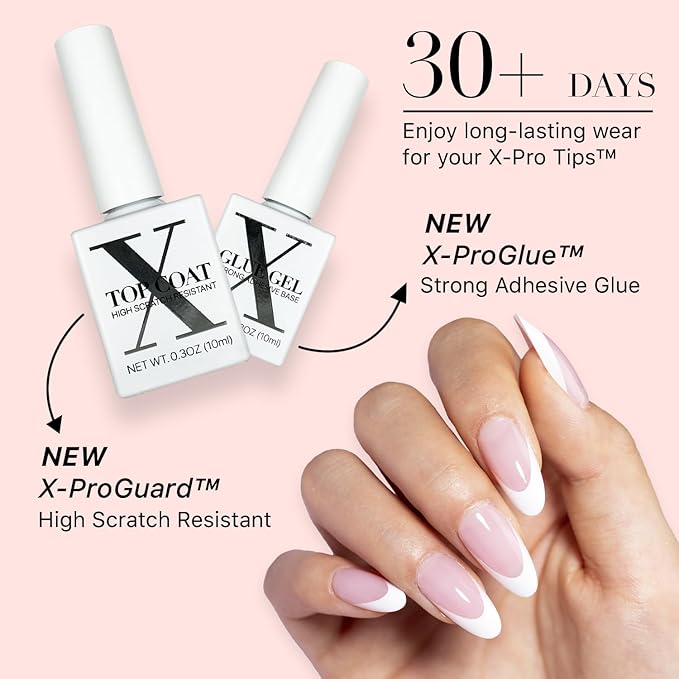 SXC Cosmetics French Tip Press On Nails Pink Series, Medium Almond X-Pro Tips Starter Kit