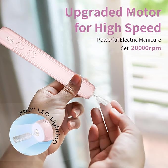 Electric Nail File Set,Professional 3 Speeds Cordless Electric Nail Drill Kit for Acrylic Gel Nails,12 in 1 Manicure and Pedicure Tools for Home Salon(Pink)