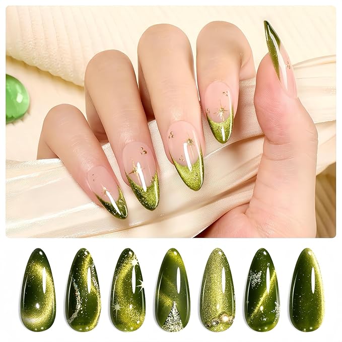Beetles Green Cat Eye Gel Nail Polish - 15ML Olive Green Cat Eye Glitter Magnetic Gel Polish Soak Off Uv Nail Art Manicure Christmas Winter Gifts for Women