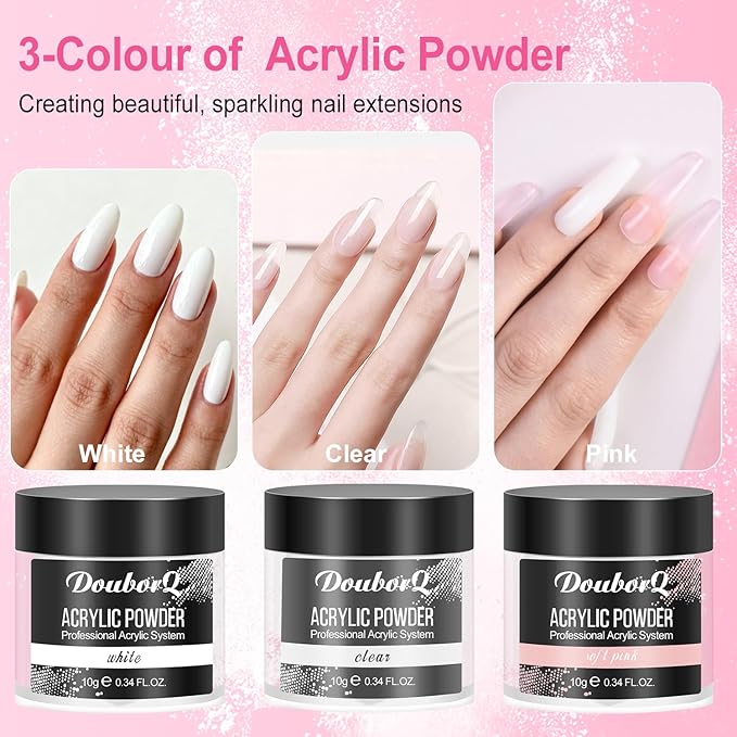 Acrylic Nail Kit -Clear White Pink Acrylic Powder with Nail files Brushes Nail Tips Nail Supplies Starter for Women Home & Salon