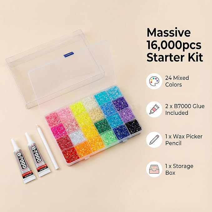 16000Pcs 3mm Rhinestones for Bedazzling, Bedazzler Kit with Rhinestones and Tools, Flatback Resin Jelly AB Colorful Rainbow Crystals Gems Set with Glue for Nail Art Crafting Clothes Crafts