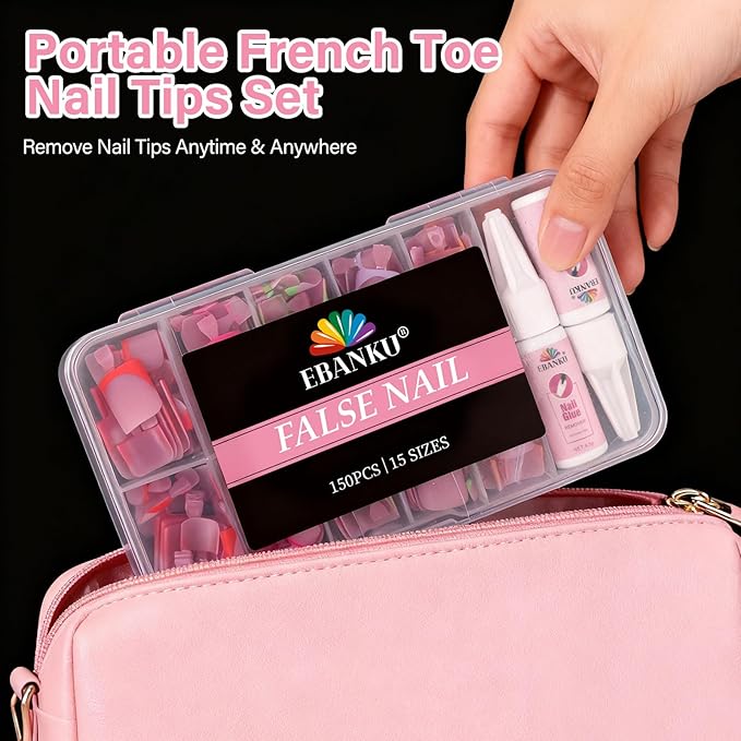 Press on Toenails for Women, EBANKU 150PCS Colorful Fake Toe Nail Sharp Square Pre-Designed Soft Gel False Toenail Extension with Nail Glue& Nail Remover, 15 Sizes