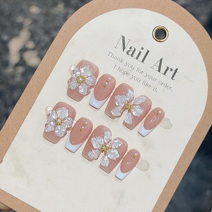 Handmade Press on Nails Medium Coffin White French Acrylic Nails 3D Flower Embossed False Nails Reusable 3D Flower and Pearl for Girls Manicure Art Decoration Accessories (Size M)