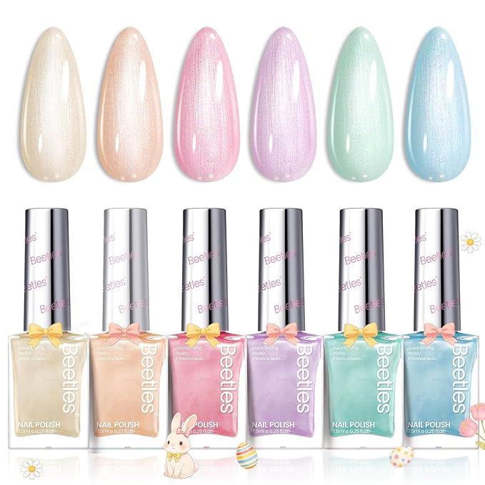 Beetles Nail Polish Set, 6 Colors Pearl Nail Polish Kit Pastel Pearl Shimmer Pink Orange Blue Green Dreamy Swirl Quick Dry Fingernail Polish Gifts for Women Salon DIY Manicure Kit