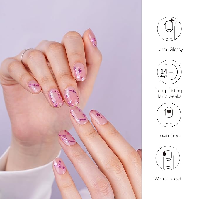 DANNI & TONI Semi Cured Gel Nail Strips Floral (Lavender Chrome) Rose Pink Mirror Flower Gel Nail Wraps Transparent Base Gift for Woman
