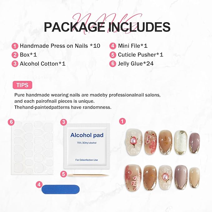 Pink Flower Press on Nails Luxury 3D Pearl Embossed Designs Muti-Layer Gel False Nails Full Cover Short Almond Acrylic Nails Handmade Press on Nails French Tip Stick on Nails for Women (Size S)