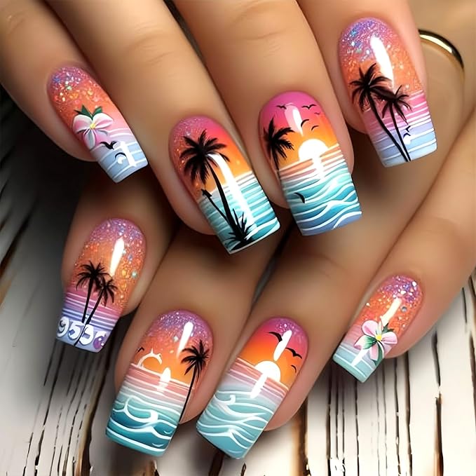 Waves French Tip Press On Nails, Medium Long Square Acrylic False Nails, 24 Pcs/Box, Multicolor, Summer Sea Pattern, Glossy Finish, Kit, Full Well Tips