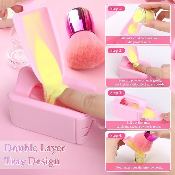 Dip Powder Recycling Tray System, Portable Nail Dip Powder Tray Kit with Nail Dust Brush, Glass Nail File, French Nail Art Manicure Essential Tool, Makeup Tool Glitter Saver