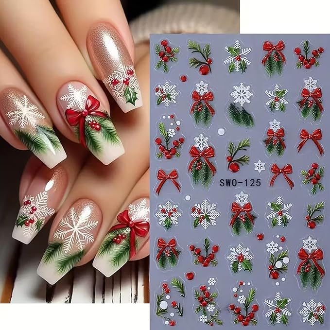 6Pcs Christmas Nail Art Stickers 3D Embossed Christmas Holly Bow Nail Decals Self Adhesive Winter Nail Supplies Xmas Design Snowflake Nail Stickers for Women New Year DIY Manicure Art Accessories