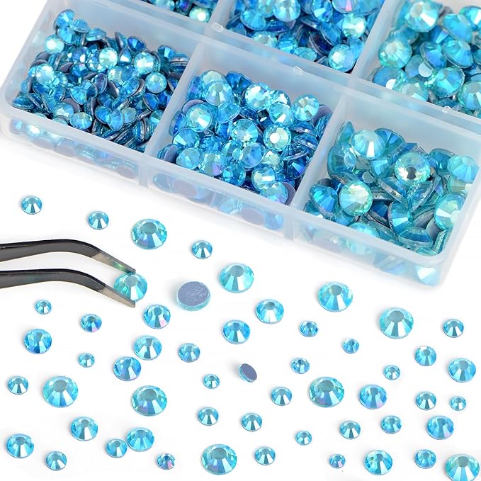 Bymitel Hotfix Crystal Rhinestones Round Gems for Crafts,Mixed 6 Sizes with Wax Pencil Kit, Aquamarine AB 1.6-6.3mm SS4-SS30/8000pcs
