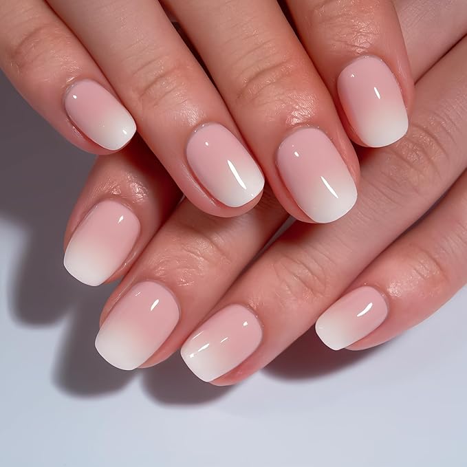 Curvlife Nude Ombre Press On Nails Short – 30PCS Short Square Soft Gel Fake Nails, Natural Gradient Glue On Nails Kit for Women, Easy At-Home Salon Manicure (Nude White)