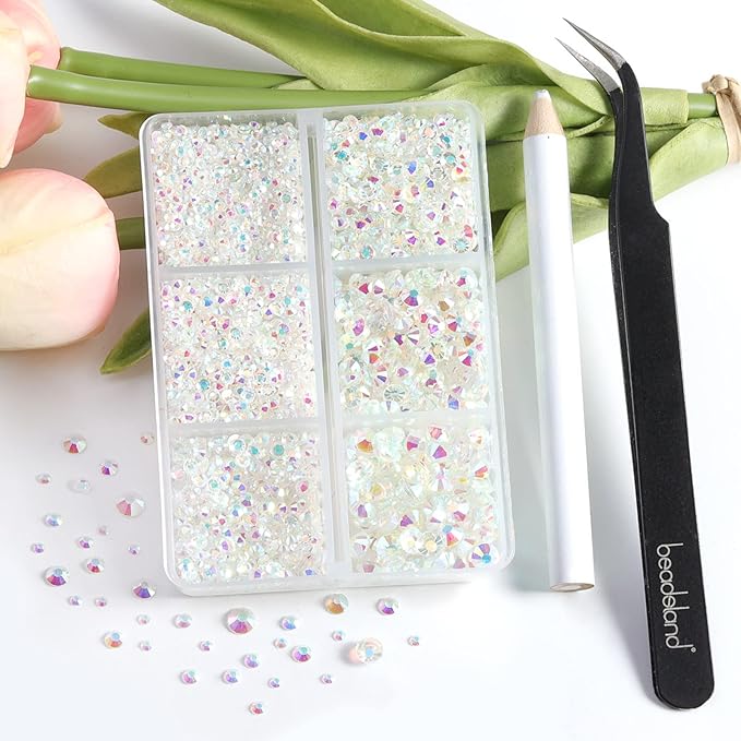 Beadsland 4300pcs Flatback Rhinestones,Transparent AB Rhinestone Nail Gems Round Crystal Rhinestones for Crafts,Mixed 6 Sizes with Picking Tweezers and Wax Pencil Kit, SS6-SS20,Transparent AB