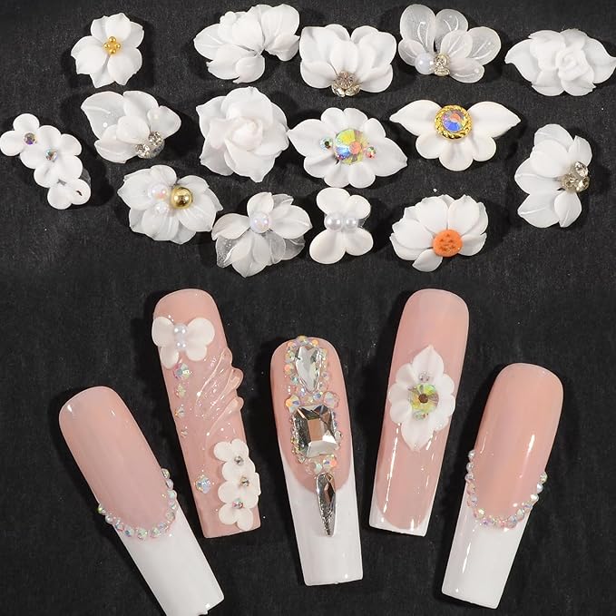 30PCS 3D Handmade Flower Nail Art Charms Advanced Handcrafted Cherry Blossom Flower Colorful Sculpted Floral Nails with Rhinestone Caviar Beads Design for Women Profession Nail Art Craft Jewelry
