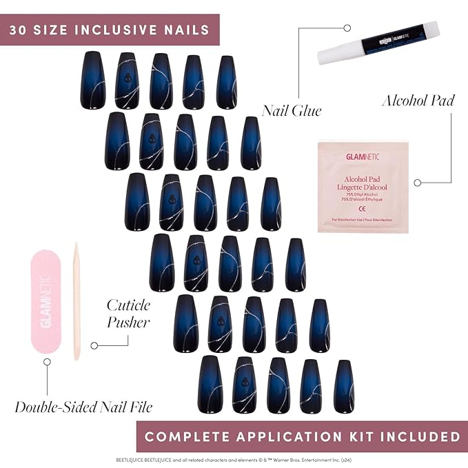 Beetlejuice Beetlejuice™ x Glamnetic Press On Nails - Ghost House™ | Long Coffin Black & Navy Ombre Graphic Nails with Back Design in a Glossy Finish | 15 Sizes - 30 Nail Kit with Glue