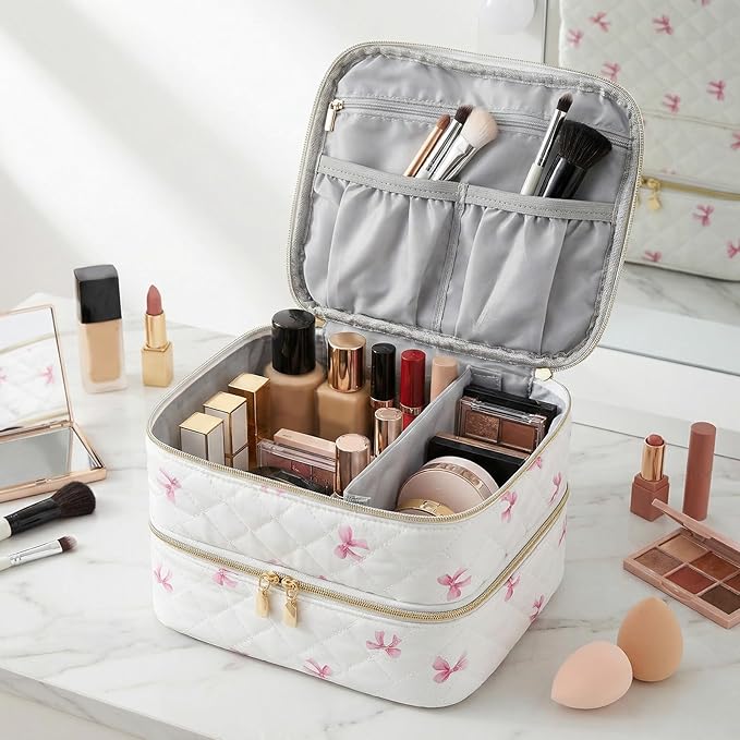 Nail Polish Organizer Aesthetic Nail Organizers and Storage, Bow Nail Supplies Kit Organizer Travel Carrying Case for Manicure Tools (Bow C, 2 Layer)