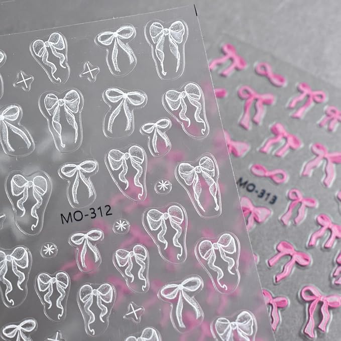 5D Bow Nail Stickers for Nail Art Embossed Self Adhesive Bow Nail Decals Pink White Ribbon Bows Design Cute Nail Art Stickers Lace Bows Nail Supplies for Women Valentines Nail Decorations 3Sheets