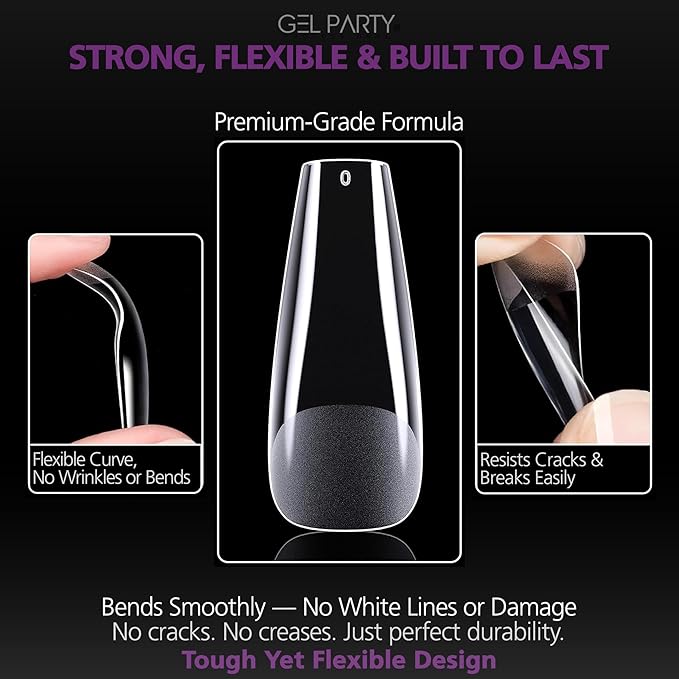 GELPARTY Soft Gel Nail Tips Long Coffin - 240Pcs Pre-Buffed Matte Full Cover Tips - No Filing Needed, Soak Off Gel Extension System - Clear Ballerina False Nails (12 Sizes)