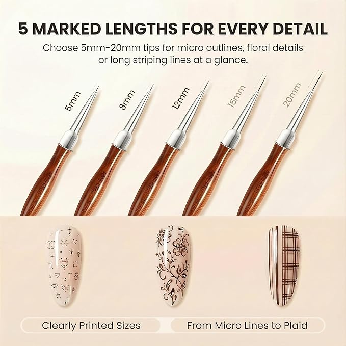5 Pcs Nail Art Liner Brushes, Wooden Handle Striping Brushes for Ultra Fine Lines, Plaid & Floral Detailing, Gel Polish & Acrylic Painting, 5/8/12/15/20mm (Wood Color)